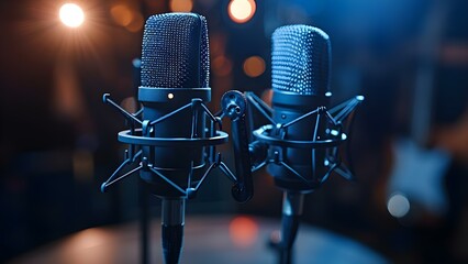 Two microphones in a dark room for podcast or interview with copyspace. Concept Podcast Setup, Interview Setting, Dark Room, Copyspace, Two Microphones - obrazy, fototapety, plakaty