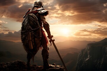 3d rendering of a medieval warrior on the top of a mountain