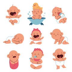 Newborn babies vector cartoon set isolated on a white background.