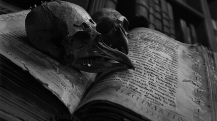 The towns library is housed in a dark looming building its walls adorned with murals of raven skeletons and ominous poems written in an unknown language. .