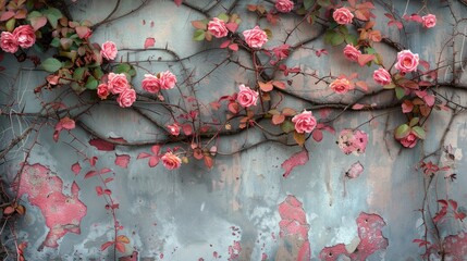 Pink Roses Growing on a Weathered Concrete Wall