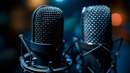 Two microphones in a dark room for podcast or interview. Concept Podcast Setup, Dark Room, Two Microphones, Interview Scene