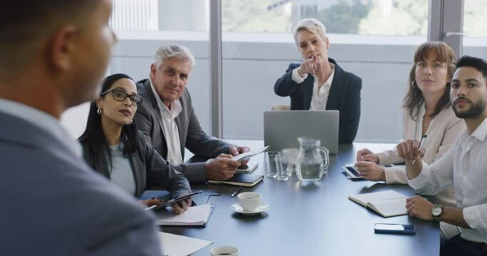 Business people, manager presentation and meeting for planning, financial update and revenue proposal. Corporate employees and presenter speaking to clients or staff of company objectives or strategy