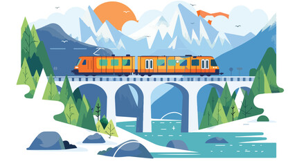 Fototapeta na wymiar Train on railway and bridge with mountains and ocean.