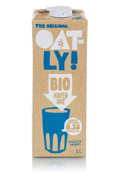 Oatly vegan oat milk bio flavor isolated on a white background portrait format