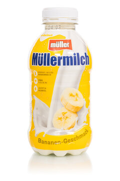 Müllermilch banana flavor in a bottle by Theo Müller company isolated on a white background