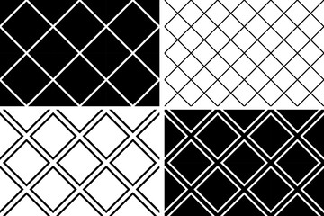 Set of Seamless Geometric Diagonal Checked Grid Black and White Patterns.
