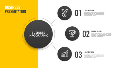 Business presentation. Infographic 3 options template on yellow and white background. Vector illustration.