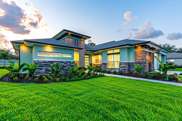 Dawn's gentle light caresses a contemporary home's blue exterior, its landscaping a harmony of...