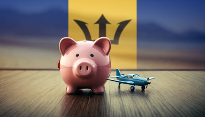 A piggy bank with an airplane against the backdrop of the Barbados flag. Saving money for vacations, leisure, and flights. - obrazy, fototapety, plakaty