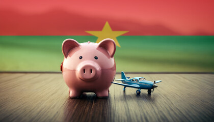 A piggy bank with an airplane against the backdrop of the Burkina Faso flag. Saving money for vacations, leisure, and flights. - obrazy, fototapety, plakaty