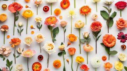 A vibrant and colorful arrangement of spring flowers neatly organized on a white background. Ideal for seasonal themes and decorative purposes.