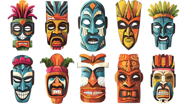 Tribal tiki masks Hawaiian totem culture vector woode