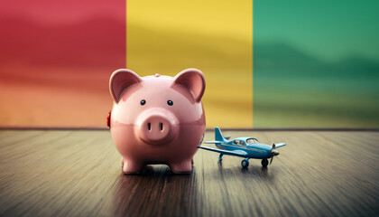 A piggy bank with an airplane against the backdrop of the Guinea flag. Saving money for vacations, leisure, and flights. - obrazy, fototapety, plakaty