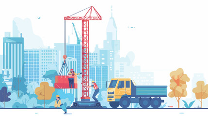 Truck crane with driver on abstract cityscape background