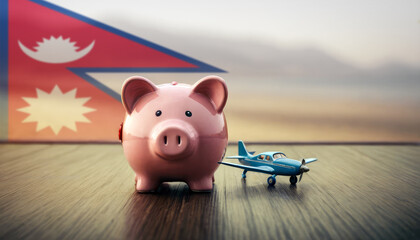 A piggy bank with an airplane against the backdrop of the Nepal flag. Saving money for vacations, leisure, and flights. - obrazy, fototapety, plakaty