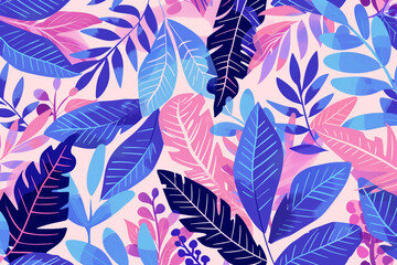 Fototapeta na wymiar A flat vector illustration of a pink background with blue and purple leaves in a seamless pattern of simple shapes and flat color. Vibrant color. 