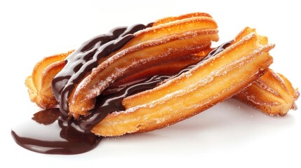 Churros with melted chocolate topping isolated white background