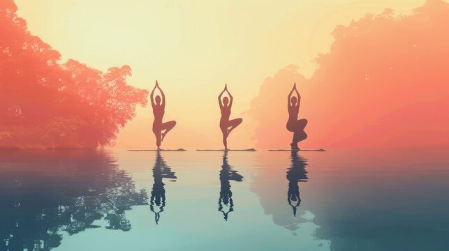 Silhouettes practicing yoga on water with foggy trees in the background, ai generated