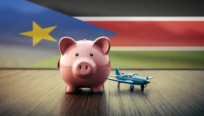 A piggy bank with an airplane against the backdrop of the South Sudan flag. Saving money for vacations, leisure, and flights.