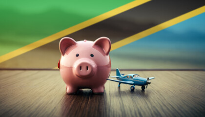 A piggy bank with an airplane against the backdrop of the Tanzania flag. Saving money for vacations, leisure, and flights. - obrazy, fototapety, plakaty