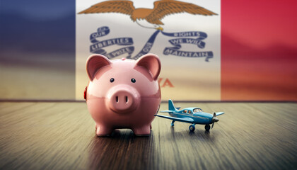 A piggy bank with an airplane against the backdrop of the Iowa flag. Saving money for vacations, leisure, and flights.