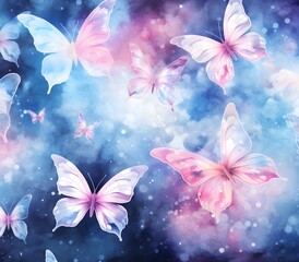 Watercolor painted background of butterflies, pink and blue, invitation, wedding, card, banner, with copy space