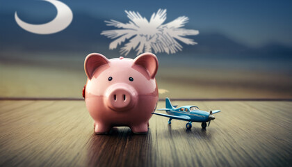A piggy bank with an airplane against the backdrop of the South Carolina flag. Saving money for vacations, leisure, and flights. - obrazy, fototapety, plakaty