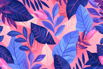 A flat vector illustration of a pink background with blue and purple leaves in a seamless pattern of simple shapes and flat color. Vibrant color. 