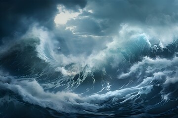 Storm clouds over the sea, rough, waves, dark, aggressive, digital painting, banner, wallpaper 
