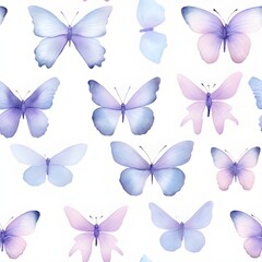 Watercolor painted background of butterflies, purple and blue hues colors, vibrant invitation, wedding, card, banner, with copy space on white background
