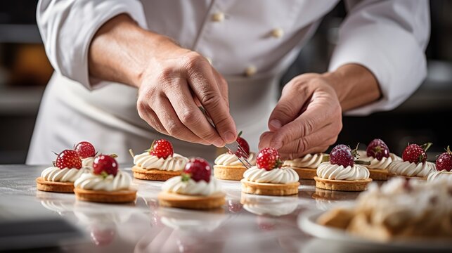 Close-up of a pastry chef's hands decorating fine pastries with delicate precision, in a professional kitchen setting. 