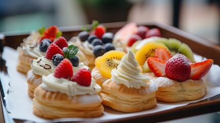 Close-up of a tray of assorted mini pastries, with vibrant fruit toppings and delicate pastry cream, in a bright cafe. - obrazy, fototapety, plakaty