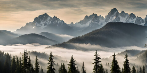 Fog obscuring the peaks of majestic mountains, landscape engulfed in a soft grey mist - obrazy, fototapety, plakaty