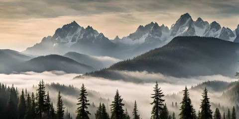 Raamstickers Fog obscuring the peaks of majestic mountains, landscape engulfed in a soft grey mist © karandaev