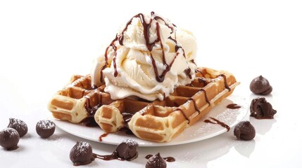 Waffle with chocolate syrup and vanilla ice cream isolated white background