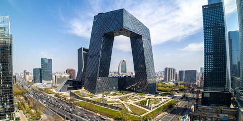 Beijing central business district CBD skyline with China Central Television CCTV headquarters panorama in Beijing, China - obrazy, fototapety, plakaty