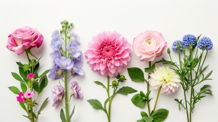 a delicate lineup of various flowers with elegant stems on a white background, conveying a sense of purity and simplicity.