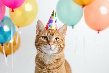 Funny party cat wearing colorful hat with balloons, isolated on white background