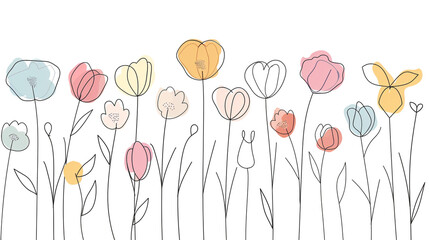 Simple line drawing of cute pastel flowers, minimalistic design, 2d illustration on a white background with flat colours
