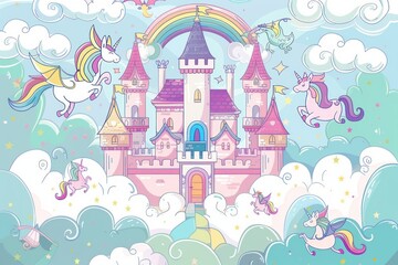 Fototapeta na wymiar Cartoon cute doodles of a magical castle in the clouds, with flying unicorns and friendly dragons, Generative AI