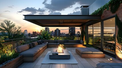 Relaxing rooftop lounge with cozy seating for intimate gatherings. Concept Rooftop Lounge, Cozy Seating, Intimate Gatherings, Relaxing Ambiance