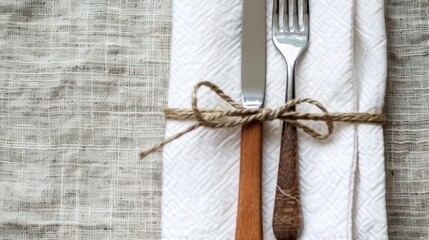 fork and knife with white napkin tied with rustic thread - Powered by Adobe