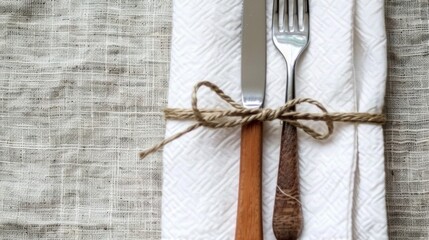 fork and knife with white napkin tied with rustic thread