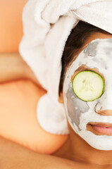 House, beauty or woman with face mask, cucumber for cleaning, detox or healthy facial treatment...