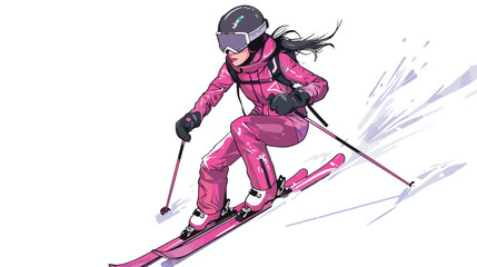 Vector glamour young girl on skis in pink waterproof
