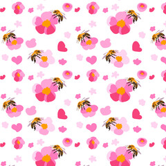 Seamless pattern sakura flowers bee white background Texture hand drawn Pink daisy petals folk Bright ornament Vector flat illustration