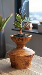 Elegant indoor flower pot with a plant on a table near the window