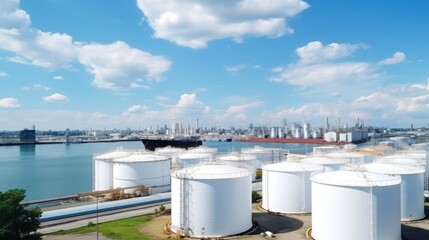 Obraz premium Aerial view oil terminal storage tank, White oil tank storage chemical petroleum petrochemical refinery product at oil terminal, Business commercial trade fuel energy transport by tanker ship vessel