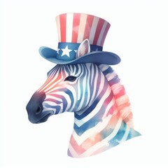 Zebra Patriotic with American Flag. Watercolor 4th July Memorial Day Clip Art. Celebration USA (United State) Independence Day Art Cute Cartoon Character